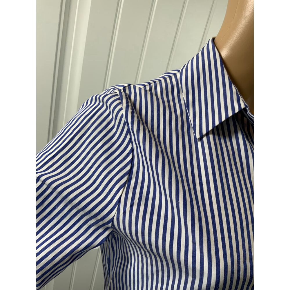 FX JC Women's Blue White Striped Peplum Collared Button Down Shirt Med High Low - Picture 5 of 13